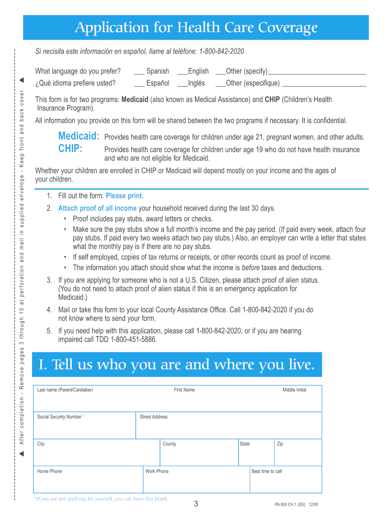  Application for Health Care Coverage Pa 600 Ch Sg 2006-2024