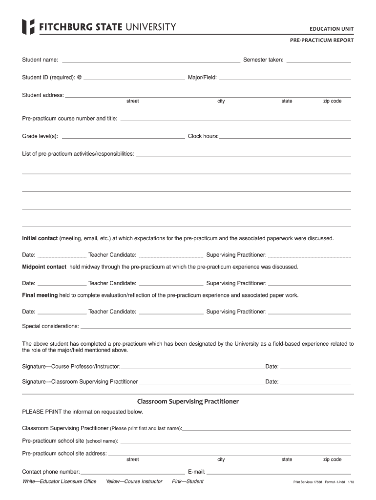 Get and Sign Fitchburg State Pre Practicum Report Form 2013-2022