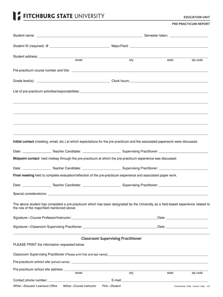 Fitchburg State Pre Practicum Report Form 2013