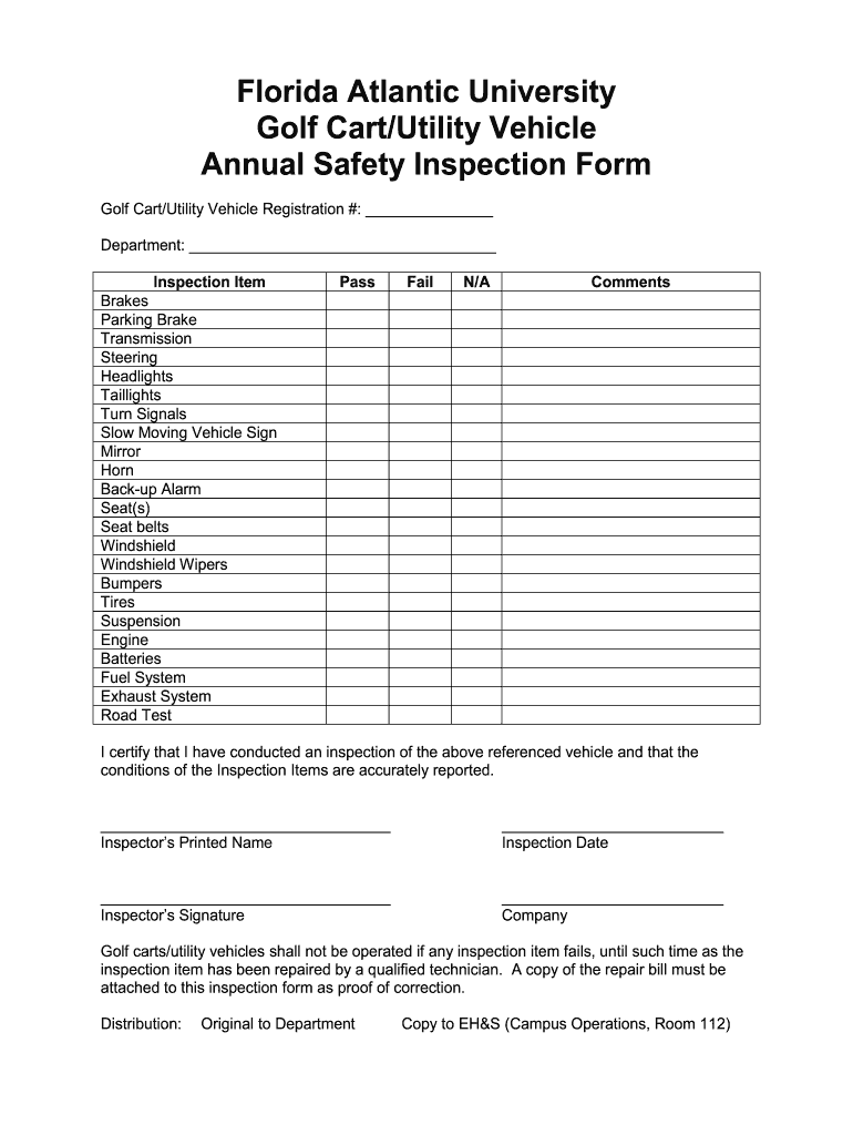 Golf Cart Inspection Checklist  Form