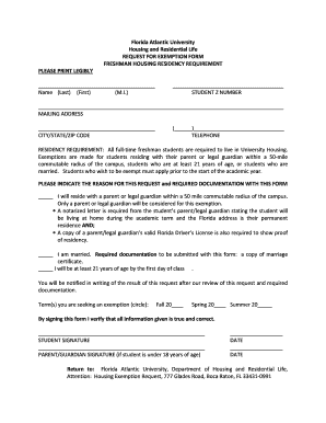Freshman Request for Exemption Form Florida Atlantic University Fau