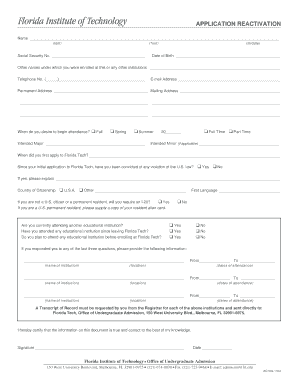 Application Reactivation Form Florida Institute of Technology Fit