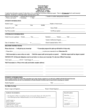 Florida Memorial University Transcript Request  Form