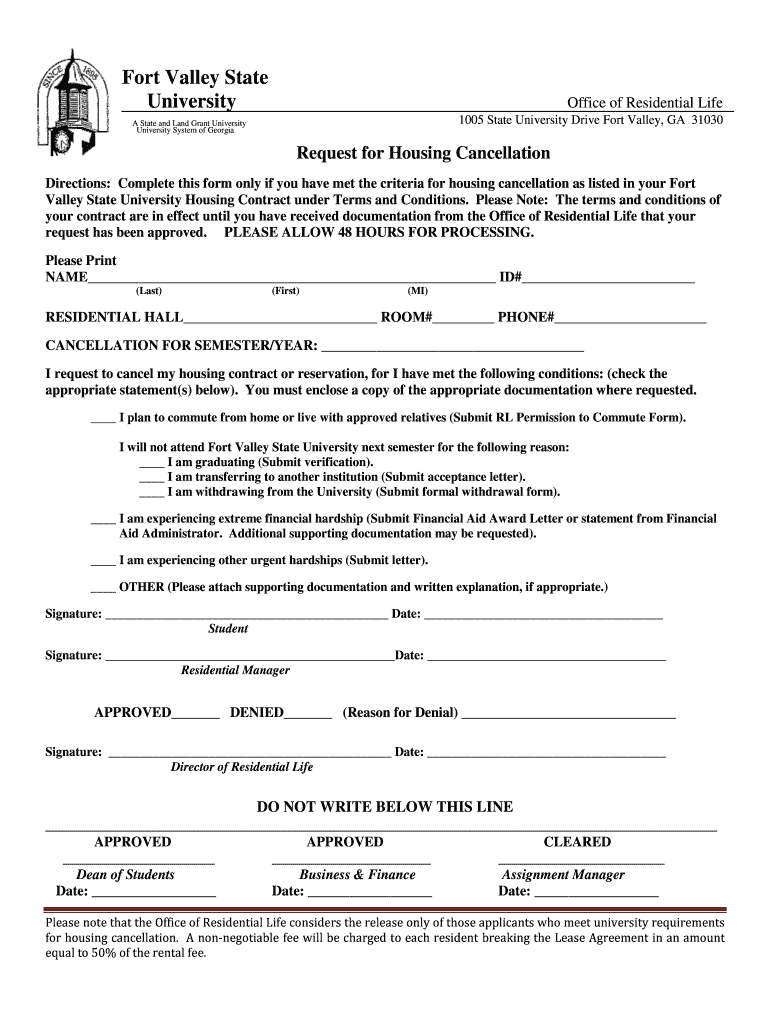 Fvsu Housing Cancellation Form