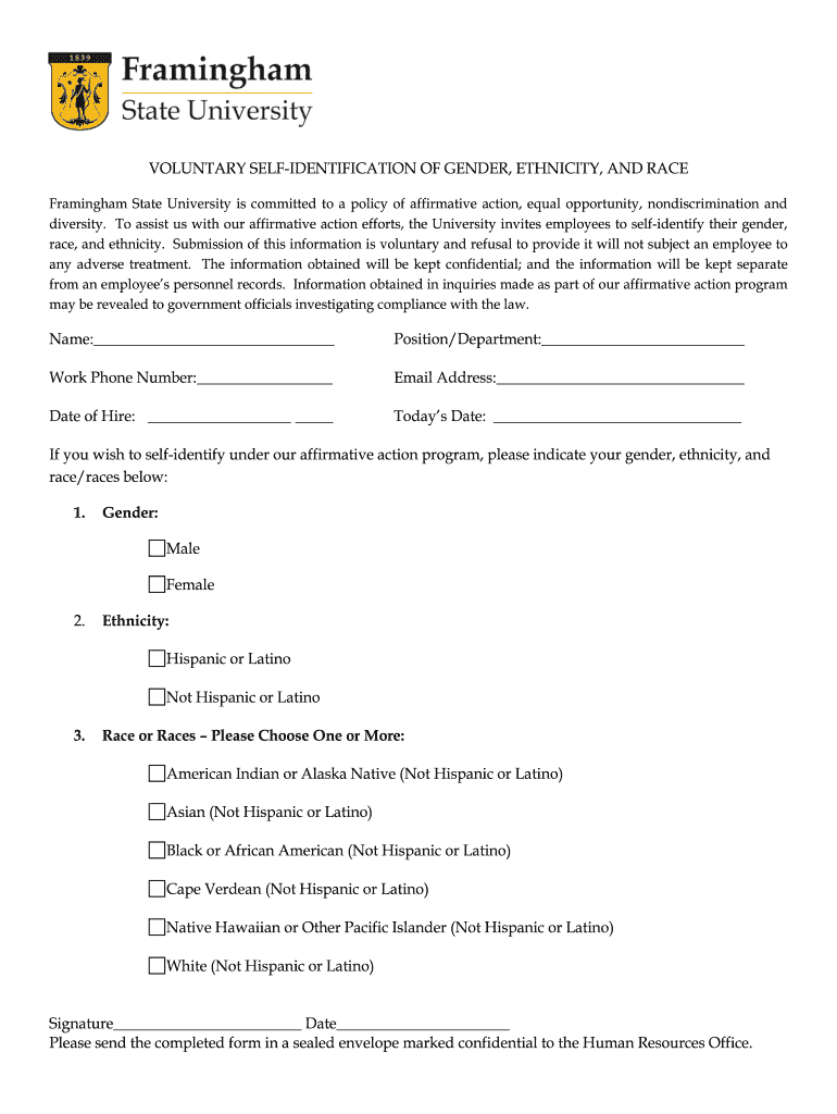 Voluntary Self Identification Form Race &amp; Ethnicity Framingham Framingham