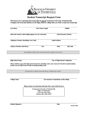  Franciscan University of Steubenville Transcript Request Form 2008-2023