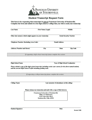  Franciscan University of Steubenville Transcript Request Form 2008-2024