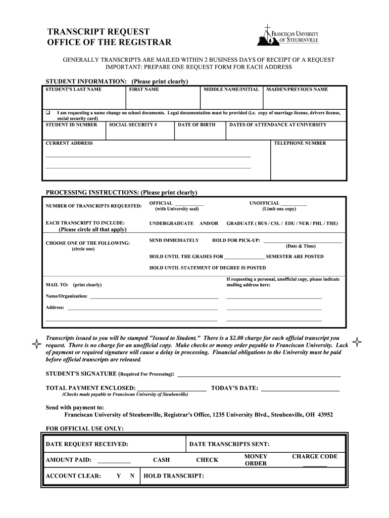 Franciscan University of Steubenville Transcript Request  Form