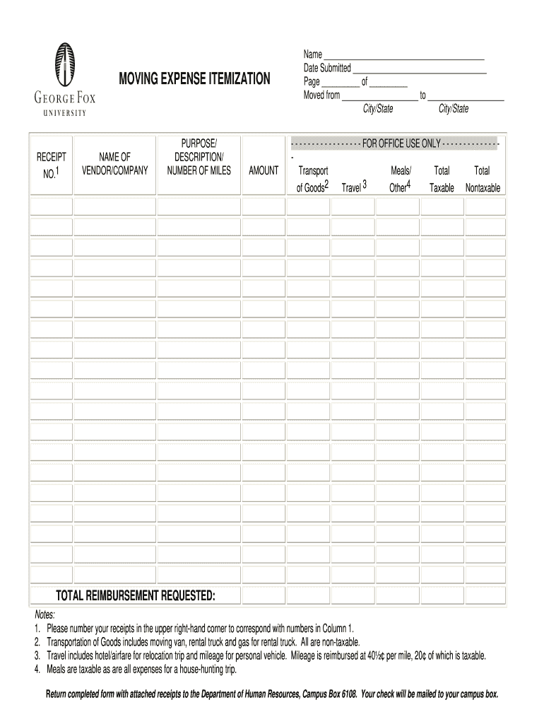 Moving Receipt  Form