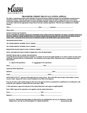 Transfer Credit Re Evaluation Appeal Form PDF George Mason Gmu