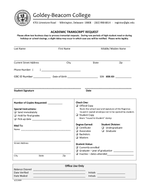 Goldey Beacom Transcript Deadline Form