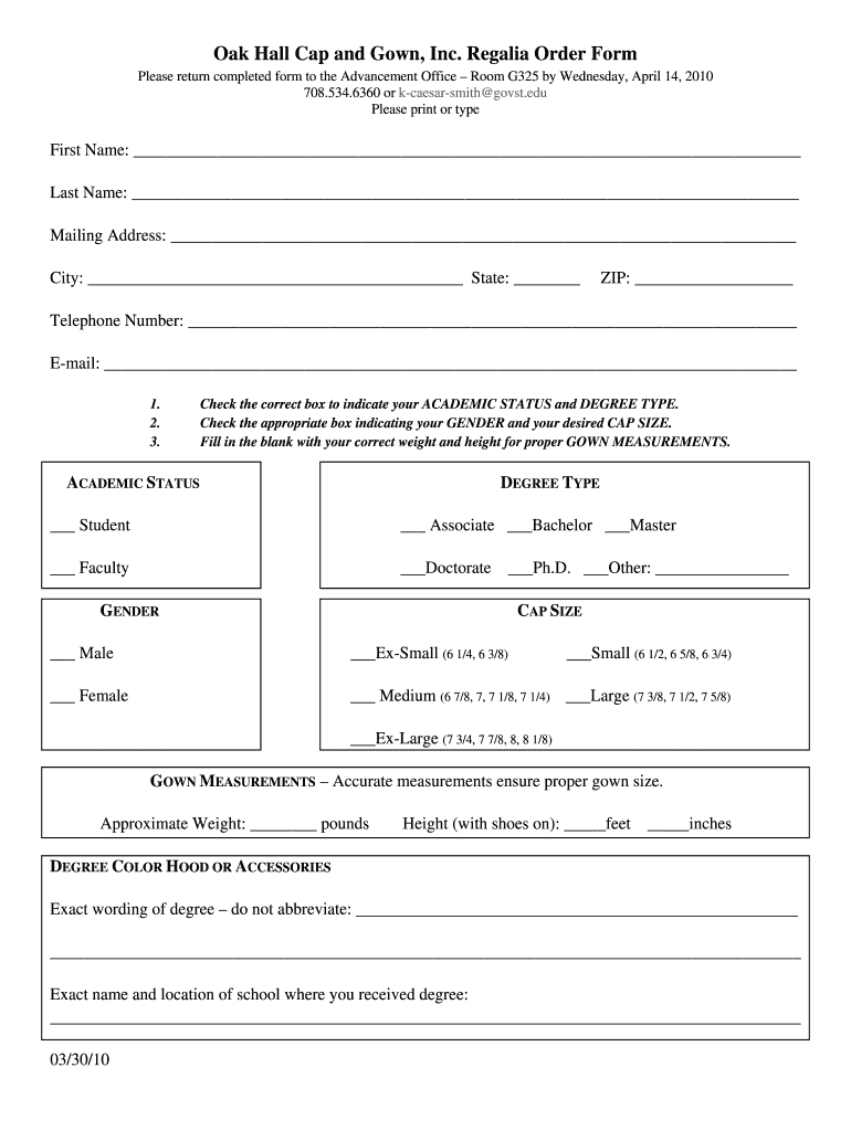 Oak Hall Order Form