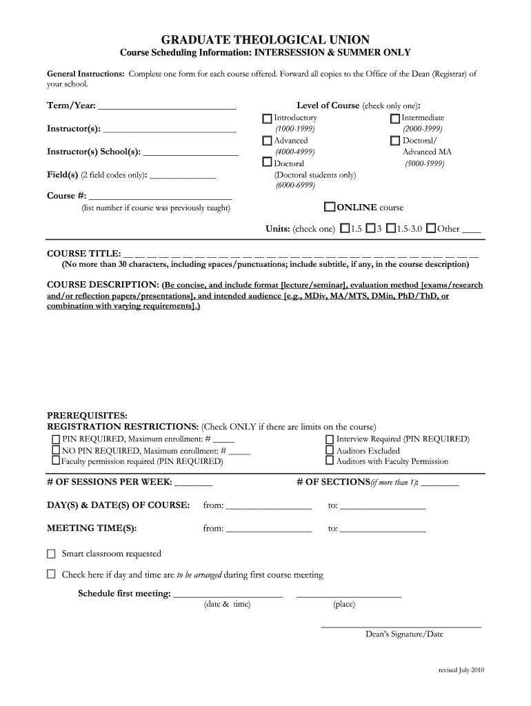  Intersession Course Scheduling Form Graduate Theological Union Gtu 2010-2024