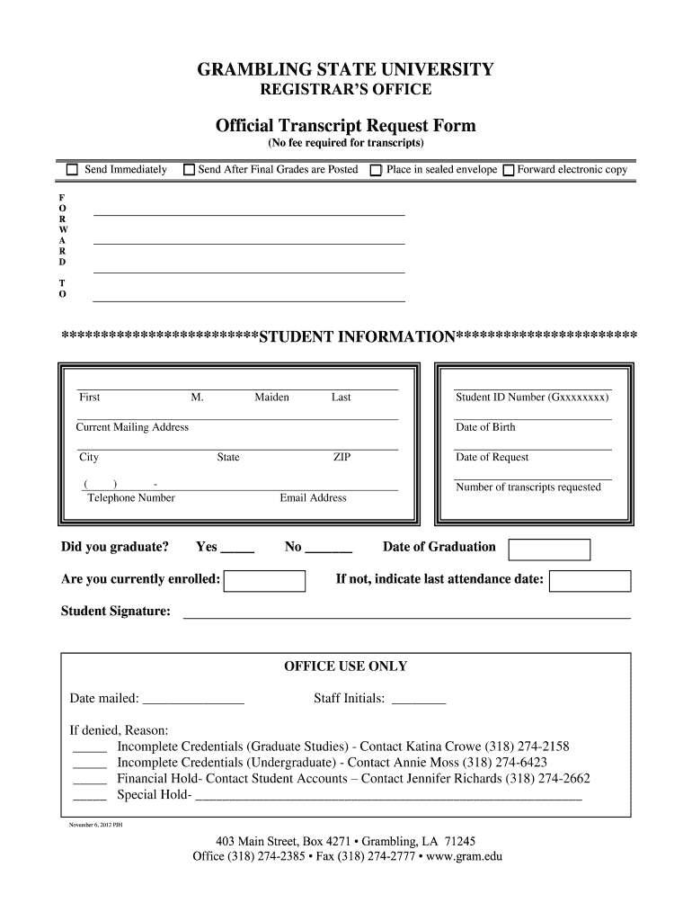 Get and Sign Grambling State University Registrar Office Form 2012