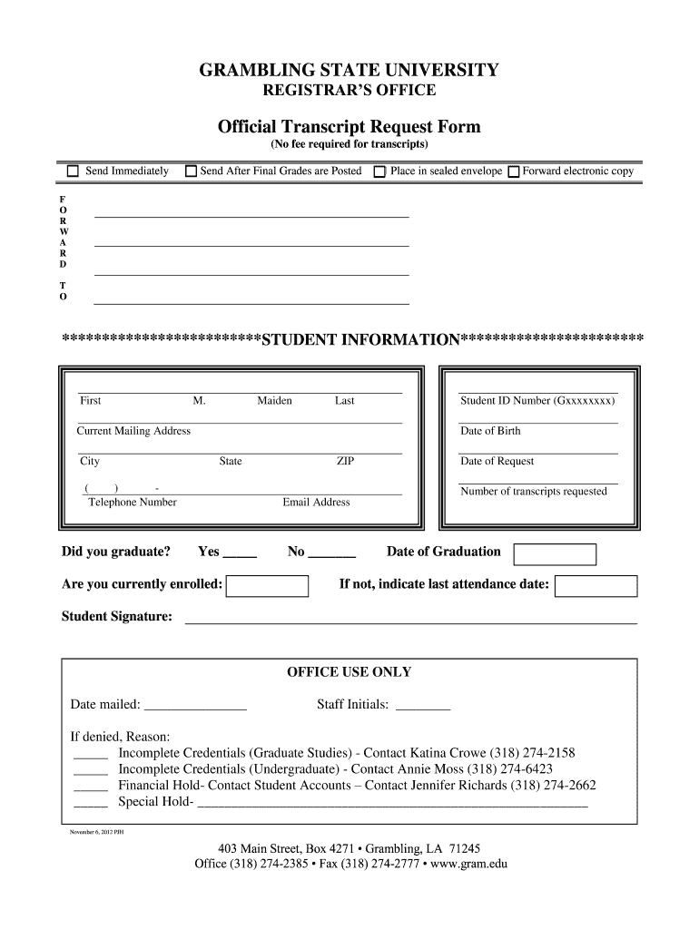  Grambling State University Registrar Office Form 2012