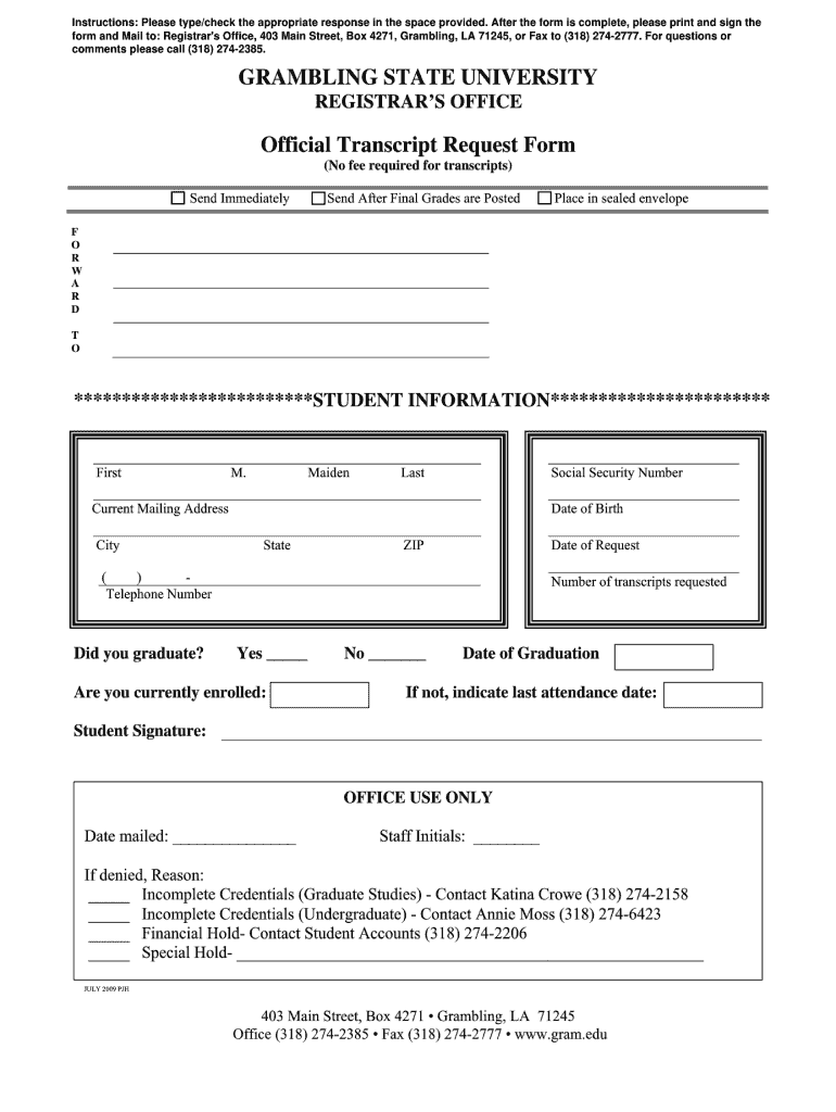  Grambling State University Transcript Request Form 2009
