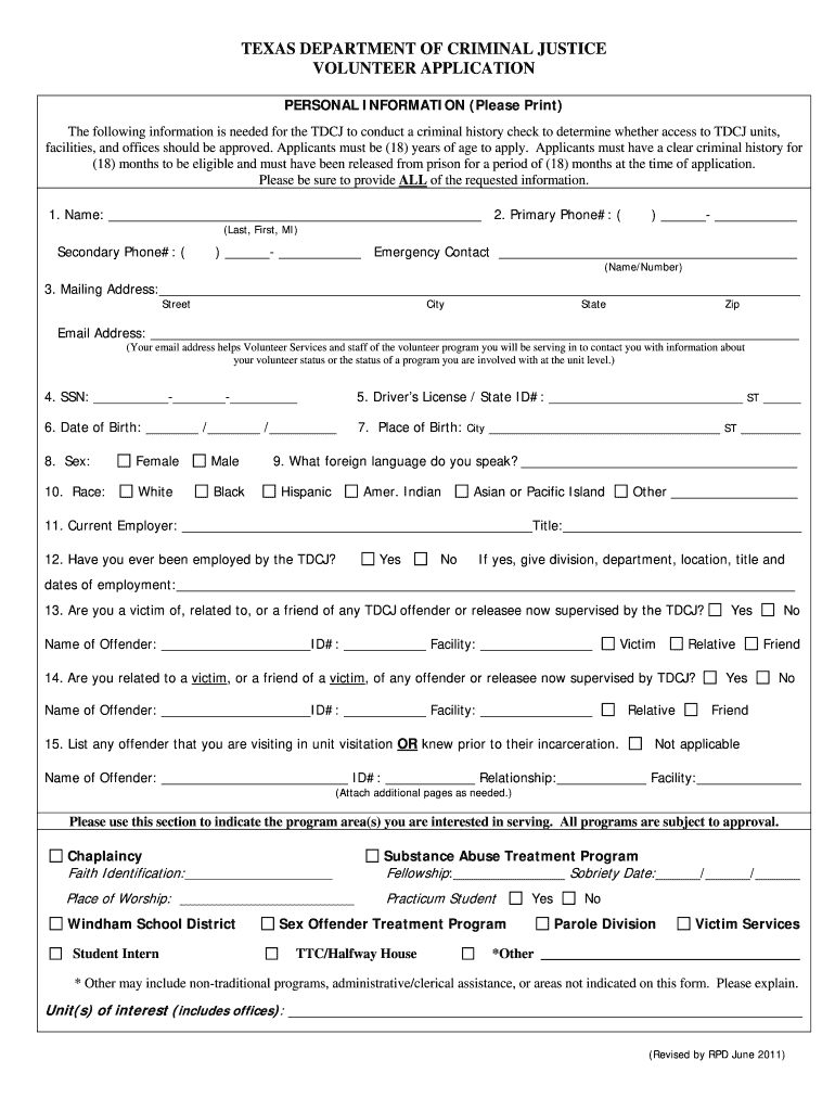 Tdcj Volunteer Application  Form