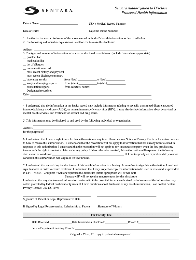 Sentara Authorization to Disclose Form