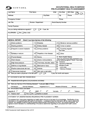 Pre Employment Health Assessment Form