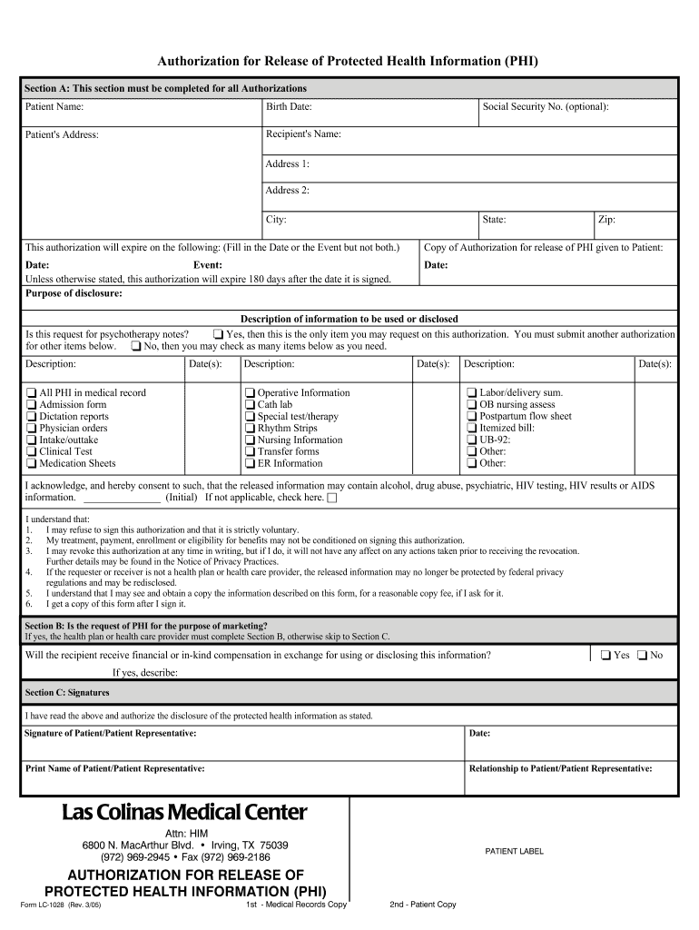  Los Colinas Medical Center Authorization Form 2005-2024