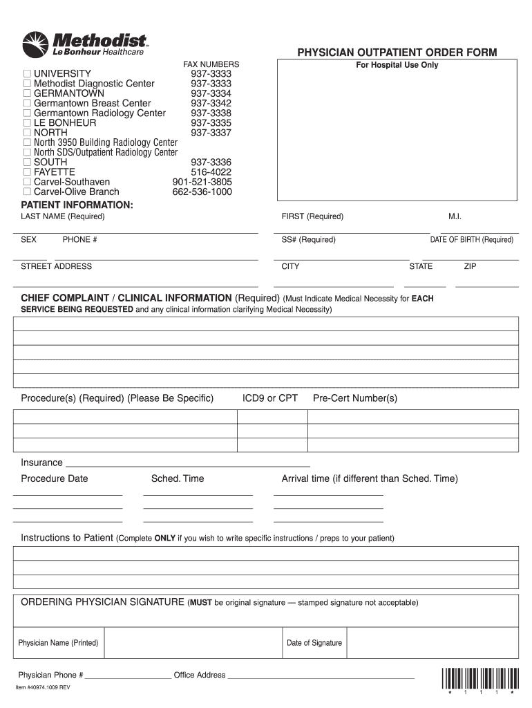  Methodist North Outpatient Order Form 2009