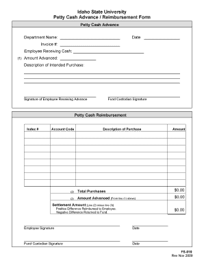 Idaho State University Petty Cash Advance Reimbursement Form Isu