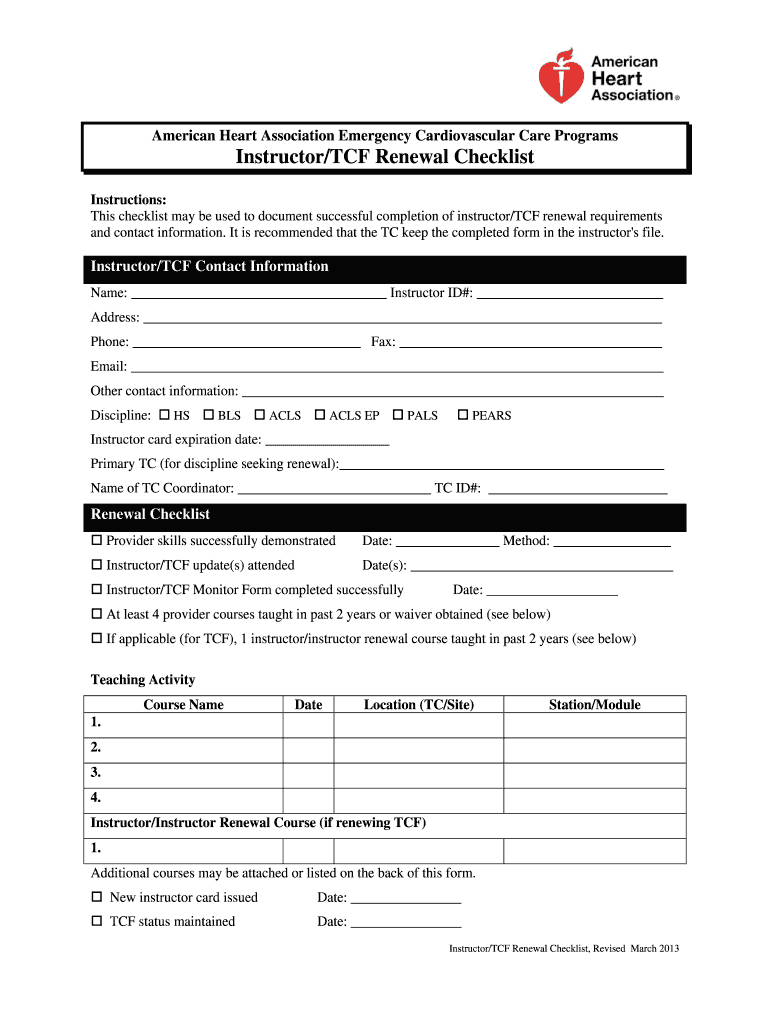Get and Sign Aha Instructor Renewal Checklist 2004 Form