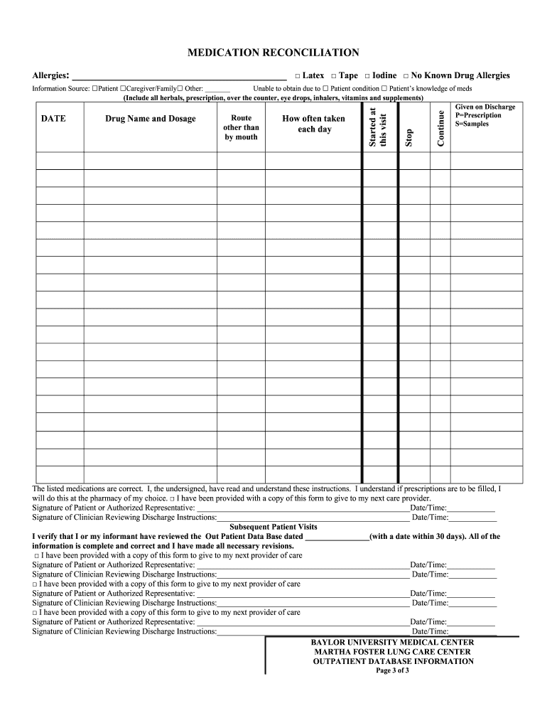 Printable Medication Reconciliation Form