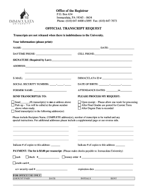 Immaculata University Transcript Request  Form