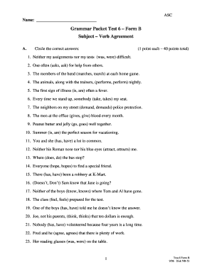 Packet 6 Subject Verb Agreement Answer Key  Form