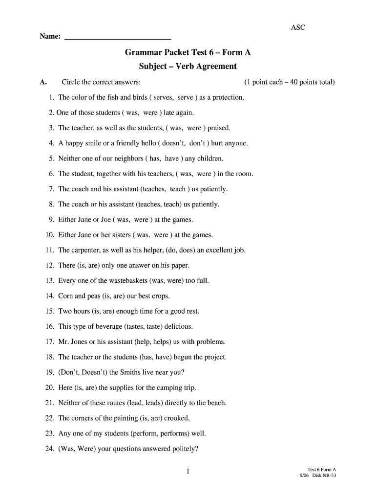 Get and Sign Subject Verb Agreement Worksheets with Answers 8th Grade PDF 2006-2022 Form