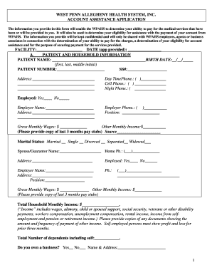 Print West Penn Allegheny Health System Inc Account Assistance Application Form