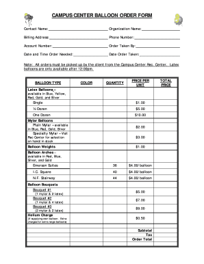 Balloon Order Form Template