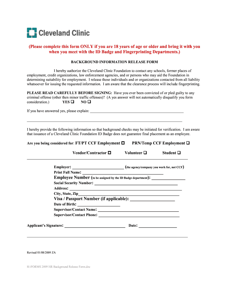  Cleveland Clinic Background Information Release Form 2009-2024