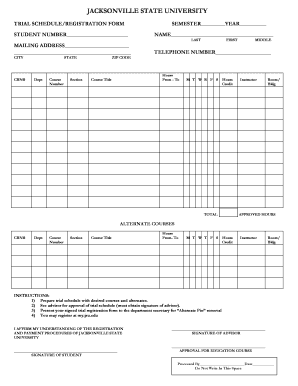 Trial Schedule FallSpring Jacksonville State University Jsu  Form