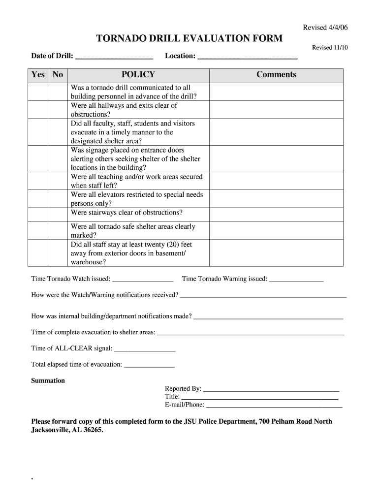 Get and Sign Tornado Drill Evaluation Form 2006-2022
