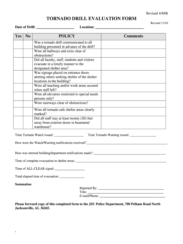  Tornado Drill Evaluation Form 2006-2024