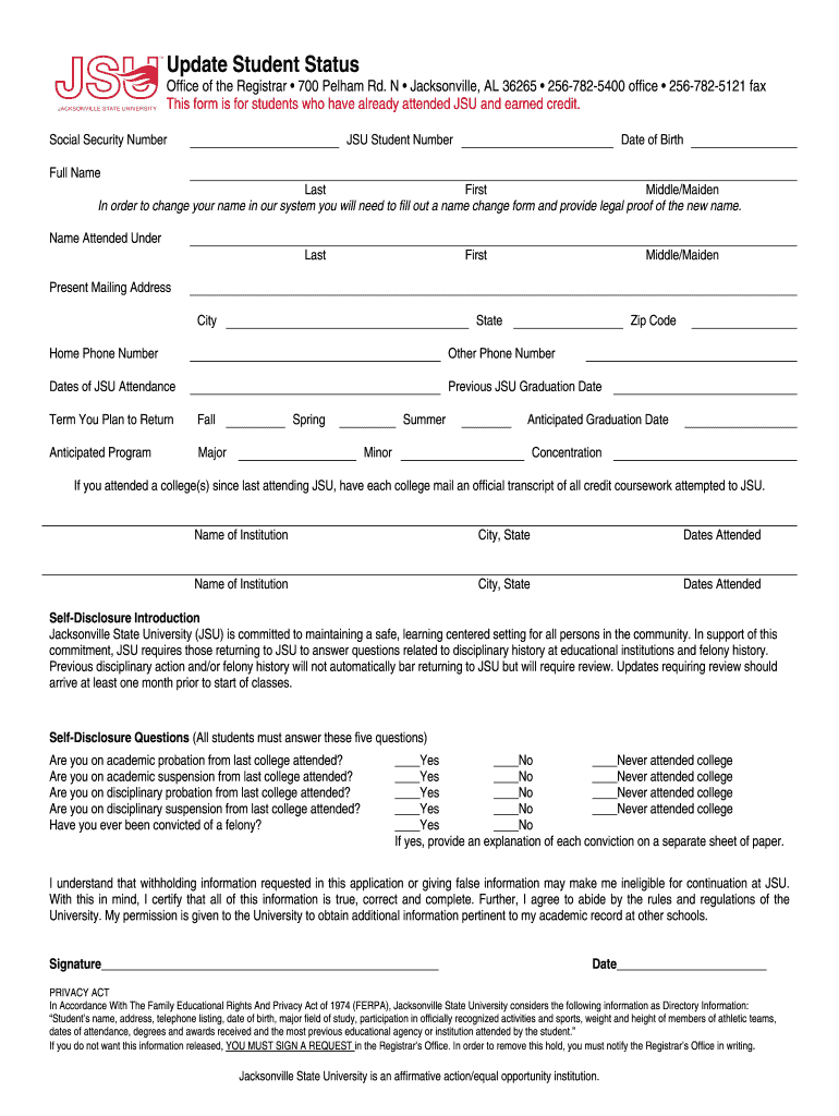 Update Student Status  Jacksonville State University  Jsu  Form