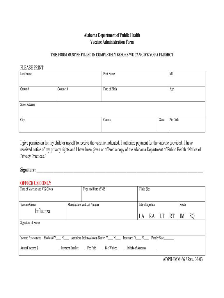  Flu Shot Administration Form 2003