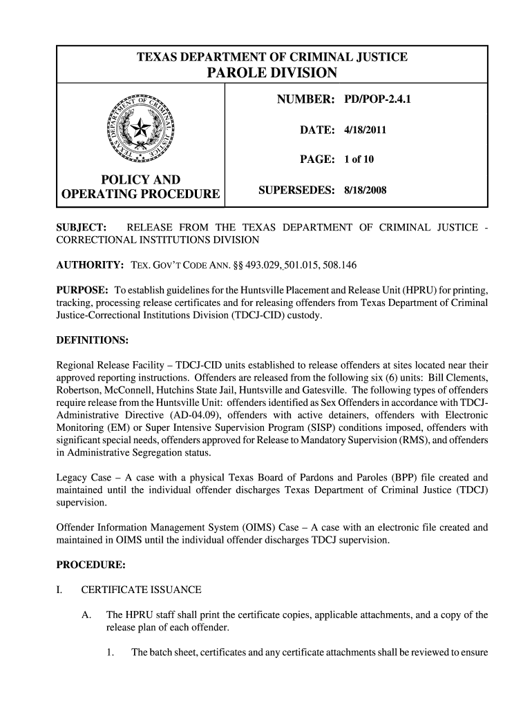 Texas Parole Discharge Papers  Form