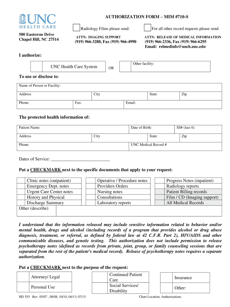  Unc Authorization Form Him 710 S 2015-2023