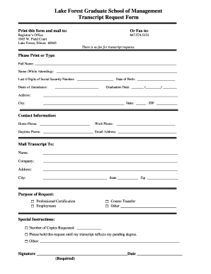 Transcript Request Form Lake Forest Graduate School of Management