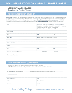 Documentation of Clinical Hours Form Lebanon Valley College Lvc