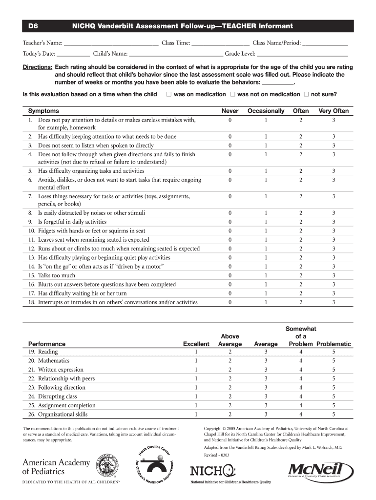 Vanderbilt Assessment Teacher Fillable PDF  Form