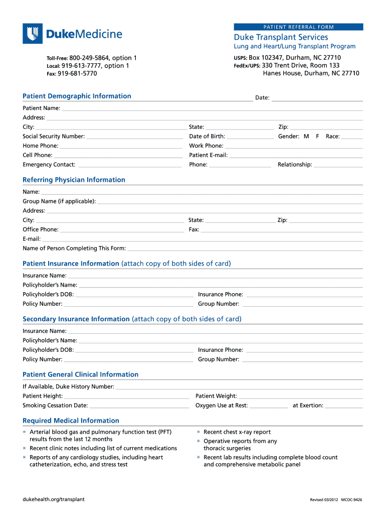  Duke University Lung Transplant Referral Form 2012-2023