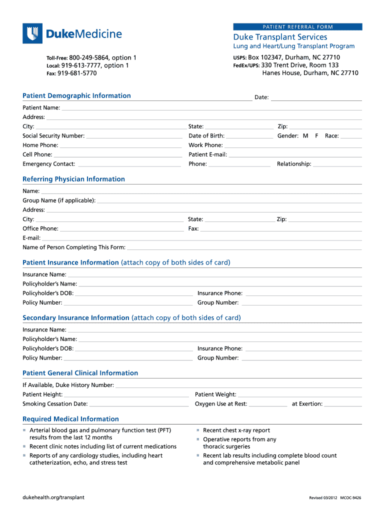  Duke University Lung Transplant Referral Form 2012-2024