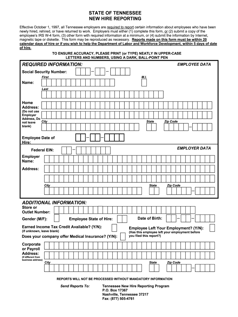 Tennessee New Hire Reporting  Form