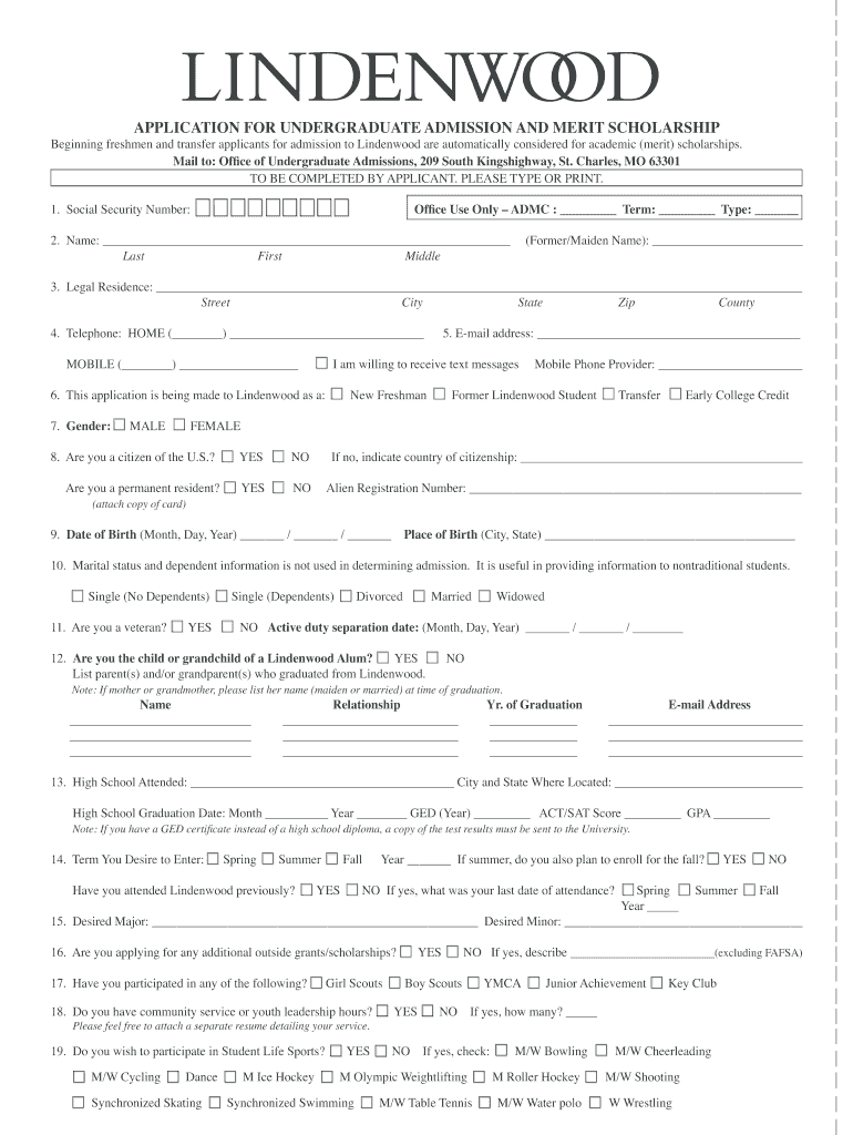 Printable Application  Lindenwood University  Lindenwood  Form