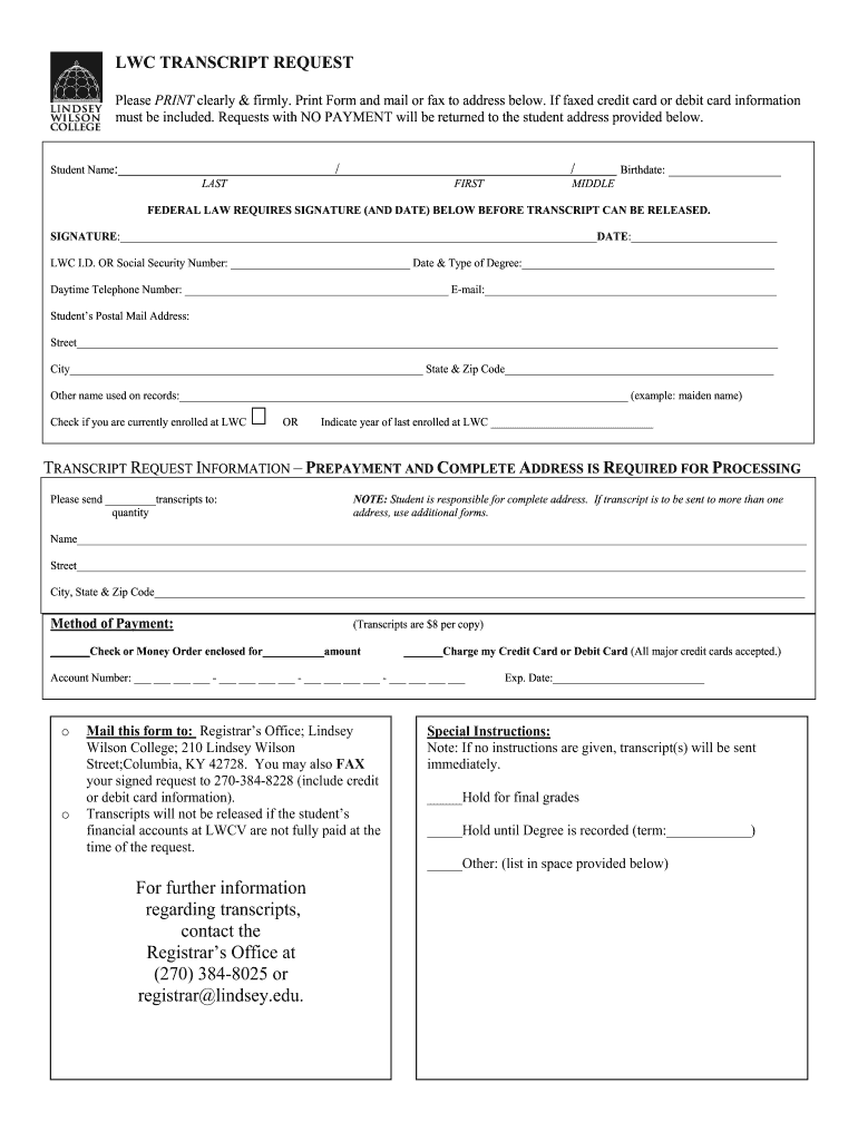 Lindsey Wilson College Transcript Request  Form