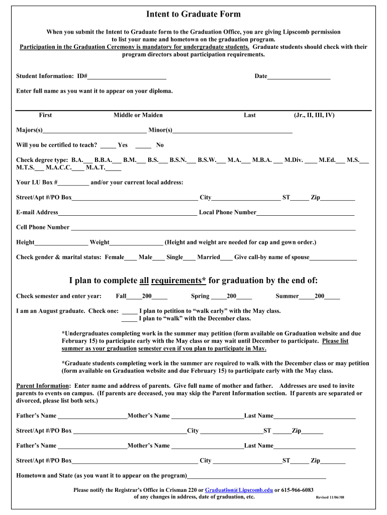 Get and Sign Intent to Graduate Form I Plan to Complete All Requirements* for    Lipscomb 2008-2022